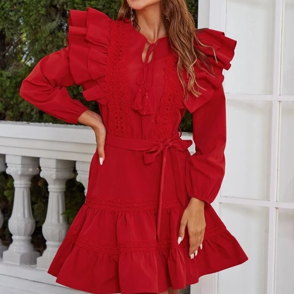 MODA ME COUTURE Dresses & Skirts - RED Tie Neck Lace Panel Ruffle Trim Long sleeved Belted Mini Dress christmas